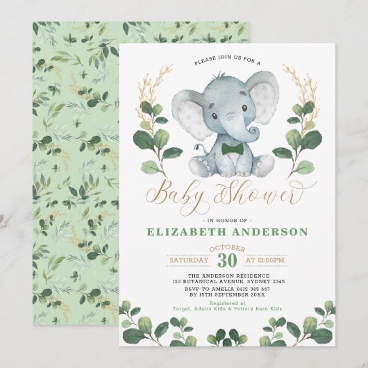 Little Man Elephant Greenery Gold Boy Baby shower Kaart (Voorkant / Achterkant)