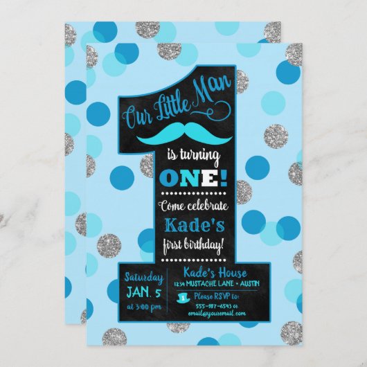 Little Man First Birthday Invitation Chalkboard Kaart (Voorkant / Achterkant)