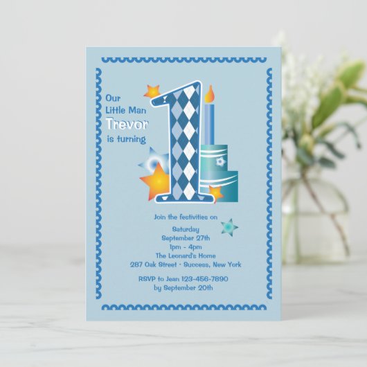 Little Man First Birthday Invitation Kaart (Staand voorkant)