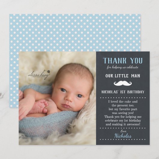 Little Man Mustache 1st Birthday Boy Chalkboard Bedankkaart (Voorkant / Achterkant)