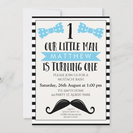 Little Man Mustache 1st Birthday Invitation Kaart (Voorkant)