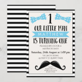 Little Man Mustache 1st Birthday Invitation Kaart (Voorkant / Achterkant)