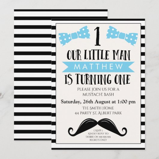 Little Man Mustache 1st Birthday Invitation Kaart (Voorkant / Achterkant)