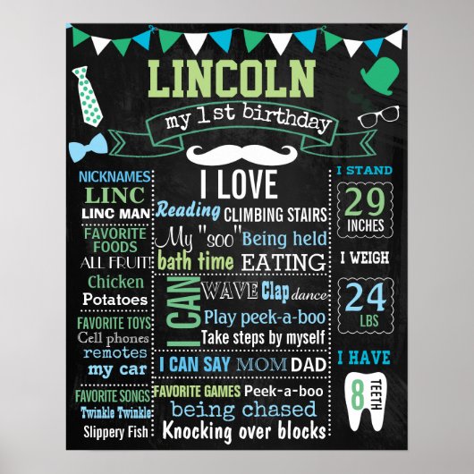Little man Mustache 1st Birthday party chalk board Poster (Voorkant)