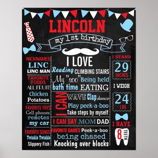 Little man Mustache 1st Birthday party chalkboard Poster (Voorkant)