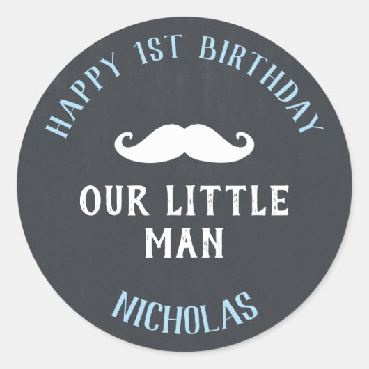 Little Man Mustache 1st Birthday Party Favor Ronde Sticker (Voorkant)