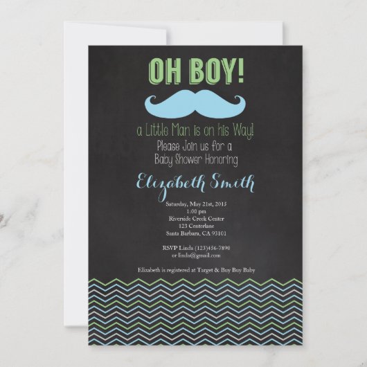 Little Man Mustache Baby shower Invitation Chalkb Kaart (Voorkant)
