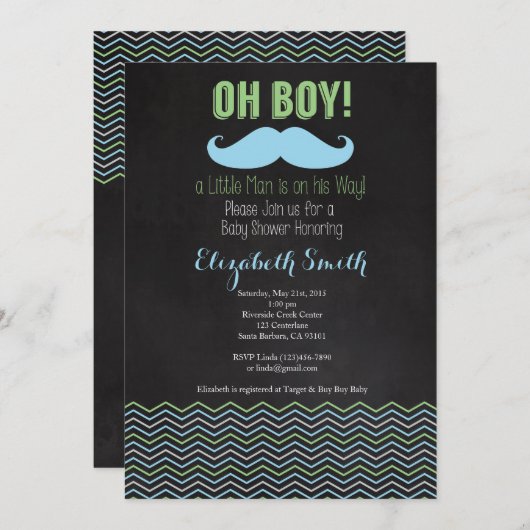Little Man Mustache Baby shower Invitation Chalkb Kaart (Voorkant / Achterkant)