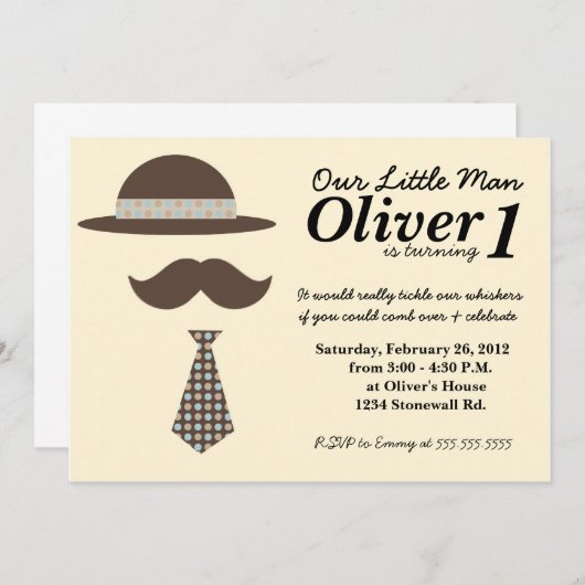Little Man Mustache Bash Birthday Invitation Kaart (Voorkant / Achterkant)