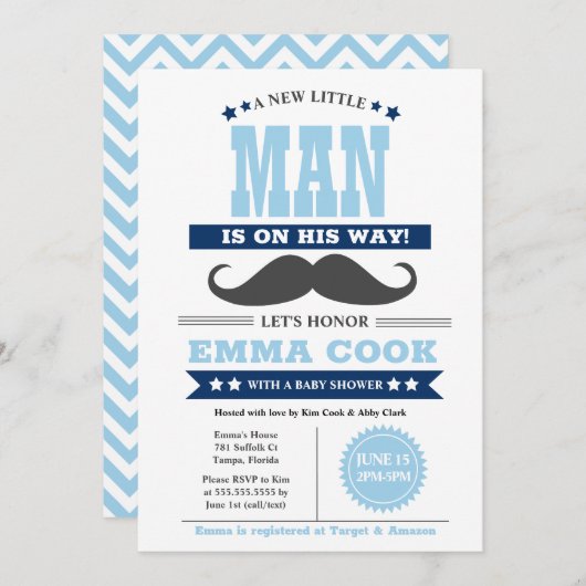 Little Man Mustache Bash Boy Baby shower Kaart (Voorkant / Achterkant)
