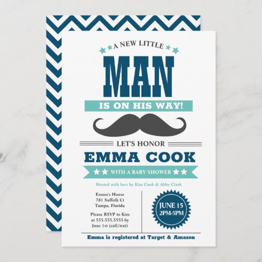 Little Man Mustache Bash Boy Baby shower Kaart (Voorkant / Achterkant)