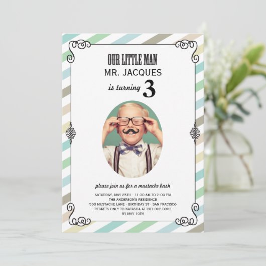 Little Man Mustache Bash Boy Birthday Party Invite Kaart (Staand voorkant)