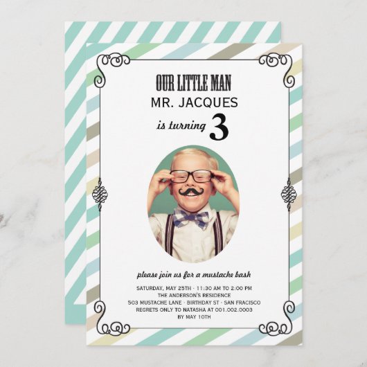 Little Man Mustache Bash Boy Birthday Party Invite Kaart (Voorkant / Achterkant)