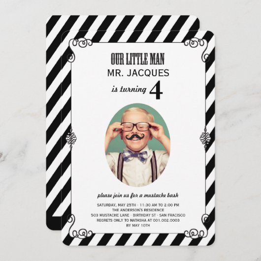 Little Man Mustache Bash Boy Birthday Party Invite Kaart (Voorkant / Achterkant)