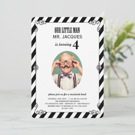 Little Man Mustache Bash Boy Birthday Party Invite Kaart (Staand voorkant)