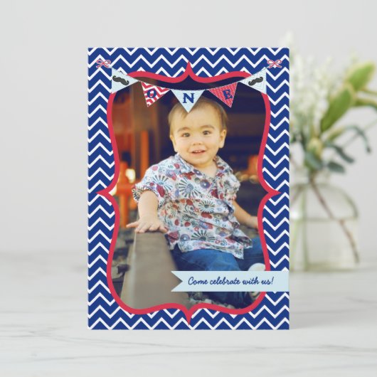 Little Man Mustache Bash First Birthday Invitation Kaart (Staand voorkant)