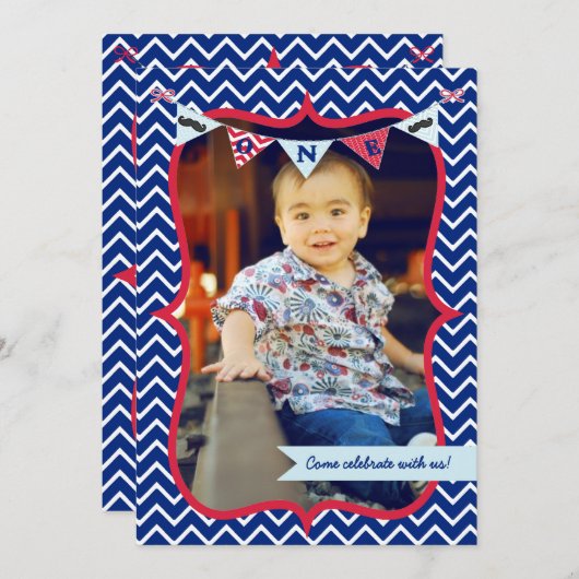 Little Man Mustache Bash First Birthday Invitation Kaart (Voorkant / Achterkant)