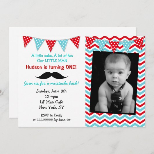 Little Man Mustache Birthday Party Kaart (Voorkant / Achterkant)