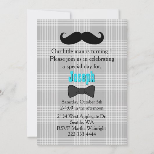 Little Man Mustache First Birthday Invitation Kaart (Voorkant)