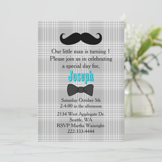 Little Man Mustache First Birthday Invitation Kaart (Staand voorkant)