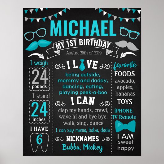 Little Man Mustache Mr Onederful Birthday-teken Poster (Voorkant)