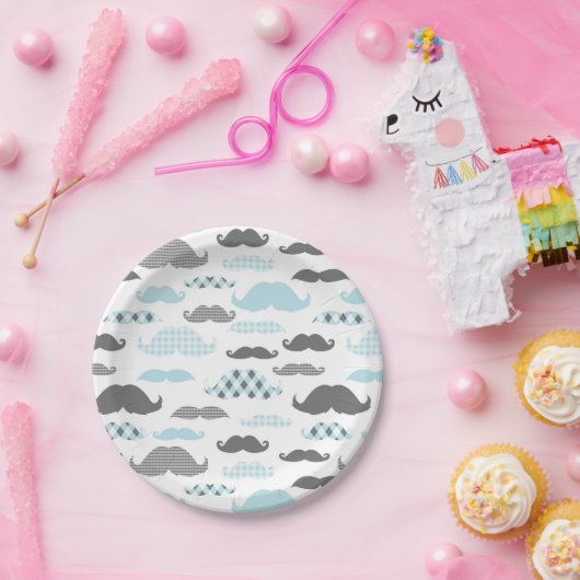 Little Man Mustaches Pattern Blue Papieren Bordje (Feest)