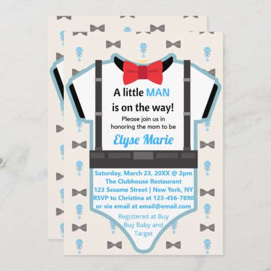 Little Man On Way Baby shower Invitation Kaart (Voorkant / Achterkant)