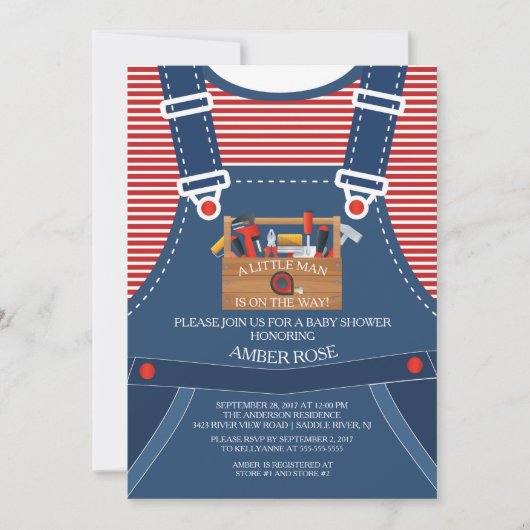 Little Man Overalls Tools Baby shower Invitation Kaart (Voorkant)