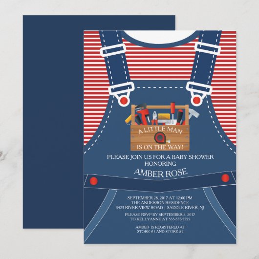 Little Man Overalls Tools Baby shower Invitation Kaart (Voorkant / Achterkant)