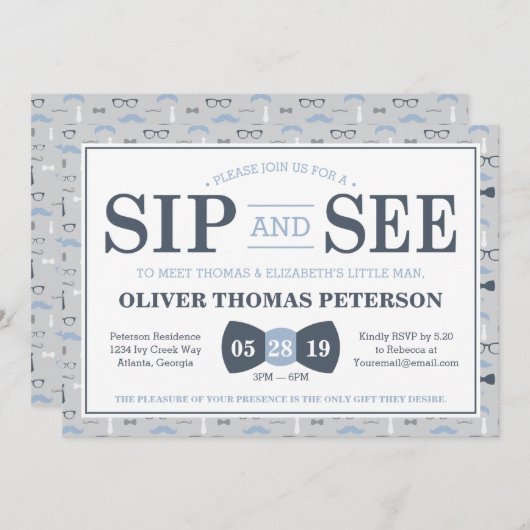 Little Man Sip and See Baby shower Invitation Kaart (Voorkant / Achterkant)