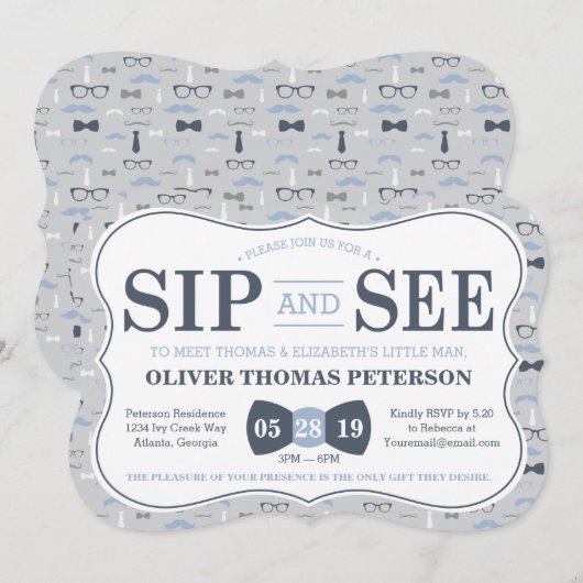 Little Man Sip and See Baby shower Invitation Kaart (Voorkant / Achterkant)