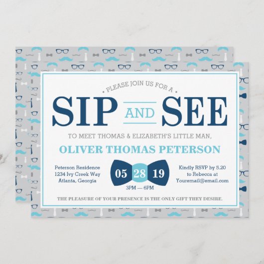 Little Man Sip and See Baby shower Invitation Kaart (Voorkant / Achterkant)