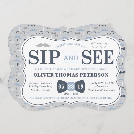 Little Man Sip and See Baby shower Invitation Kaart (Voorkant / Achterkant)