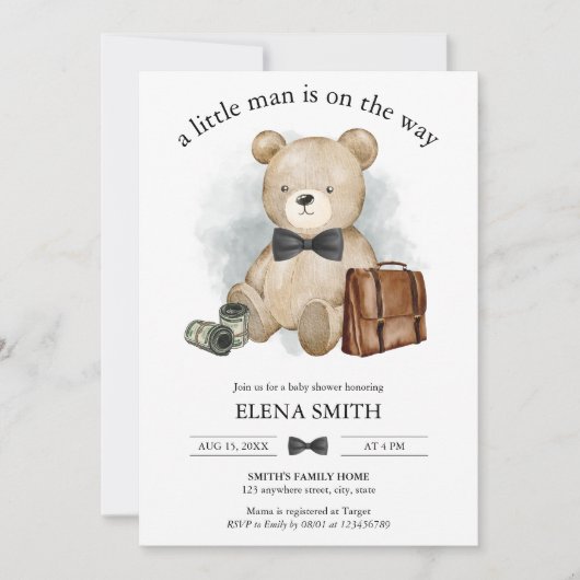 Little Man Way Teddy Bear Tux Bow Stropdas Baby sh Kaart (Voorkant)