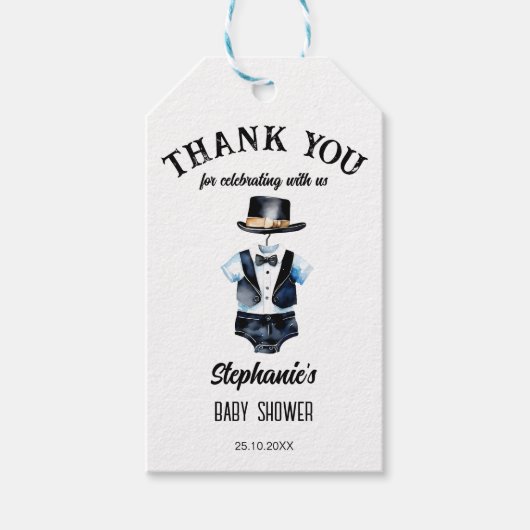 Little man zwarte smoking pet baby shower gunst cadeaulabel (Voorkant)