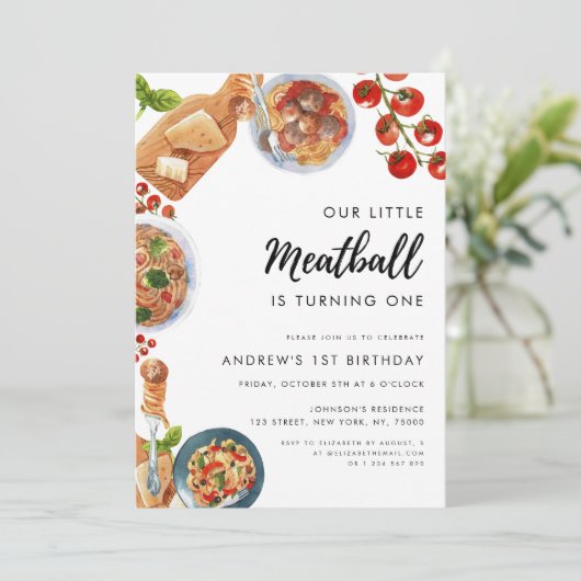 Little Meatball Italiaans eten 1e verjaardag Kaart (Staand voorkant)