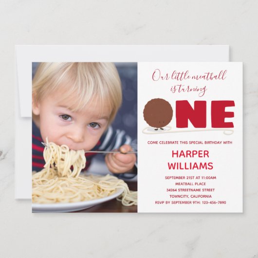 Little Meatball Turend One Photo First Birthday Kaart (Voorkant)