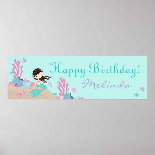 Little Mermaid Birthday Banner Brunette Poster (Voorkant)