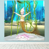 Little Mermaid Cute Fantasy Girl, Blue Ocean Canvas Afdruk (Insitu (Houten vloer))