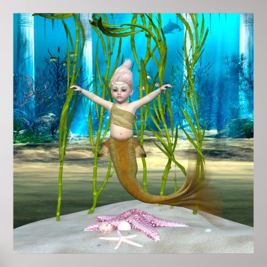 Little Mermaid Cute Fantasy Girl, Blue Ocean Poster (Voorkant)