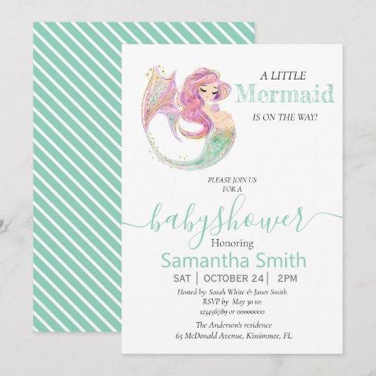 LITTLE MERMAID GREEN Baby shower Aankondiging (Voorkant / Achterkant)
