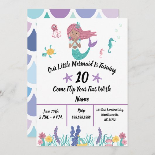 Little Mermaid Invitation Kaart (Voorkant / Achterkant)