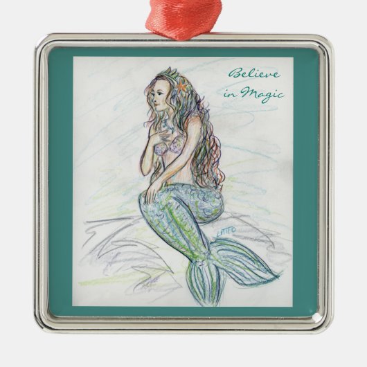 Little Mermaid on Rock Art-kerstversieringen Metalen Ornament (Voorkant)