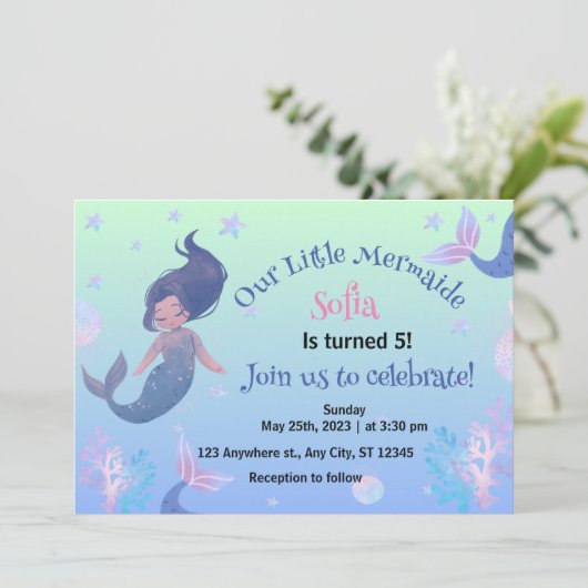 Little Mermaid Roze 5e Verjaardagsuitnodiging Kaart (Staand voorkant)
