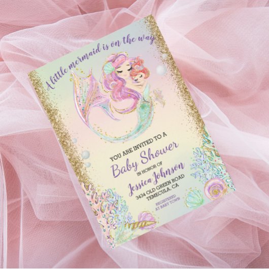 Little Mermaid Waterverf Baby shower Gold Kaart