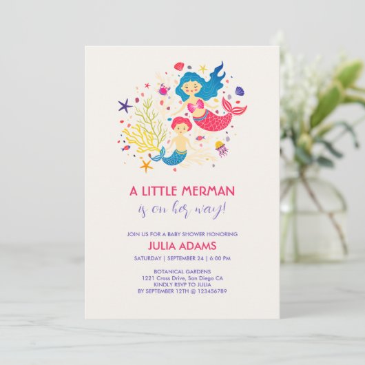 Little Merman Sea Breeze Baby Shower Uitnodiging (Staand voorkant)