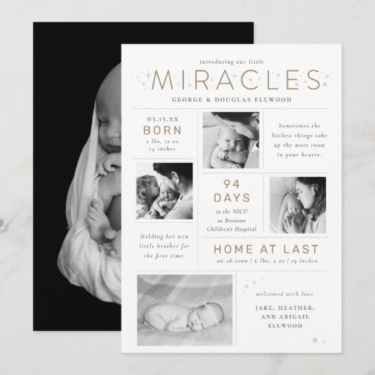 Little Miracles Twin Preemie NICU Infographic Aankondiging (Voorkant / Achterkant)