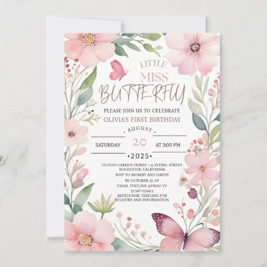 Little Miss Butterfly Roze Bloemen 1e Verjaardag Kaart (Voorkant)