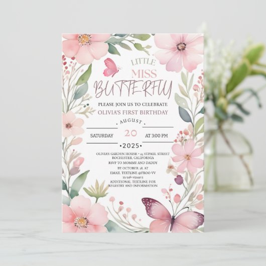 Little Miss Butterfly Roze Bloemen 1e Verjaardag Kaart (Staand voorkant)
