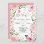 Little Miss Butterfly Roze Bloemen 1e Verjaardag Kaart (Voorkant / Achterkant)